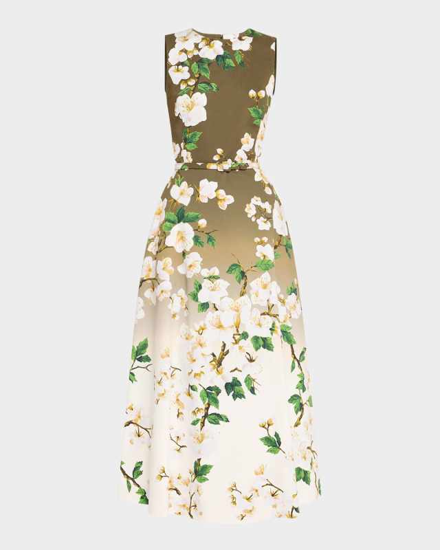Sleeveless Ombre Cherry Blossom Tea-Length Dress With Belt